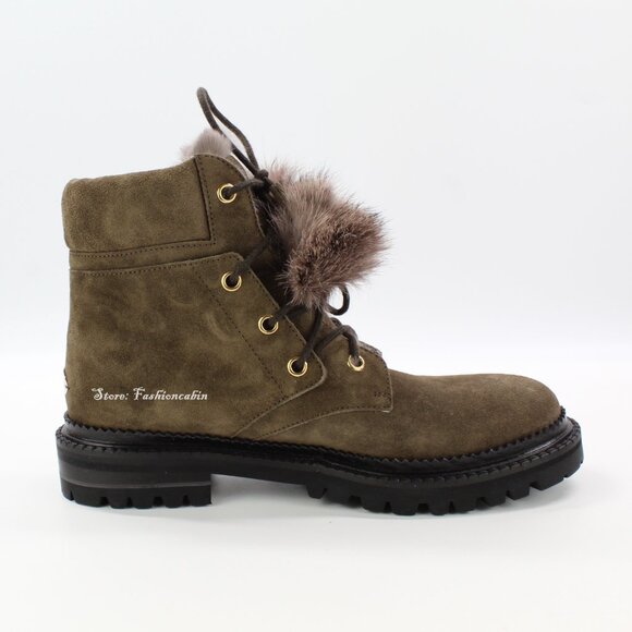 NEW JIMMY CHOO Pom-Pom Suede Fur | Cozy Cold Weather Suede Lace-Up Boots/Booties - Picture 4 of 15